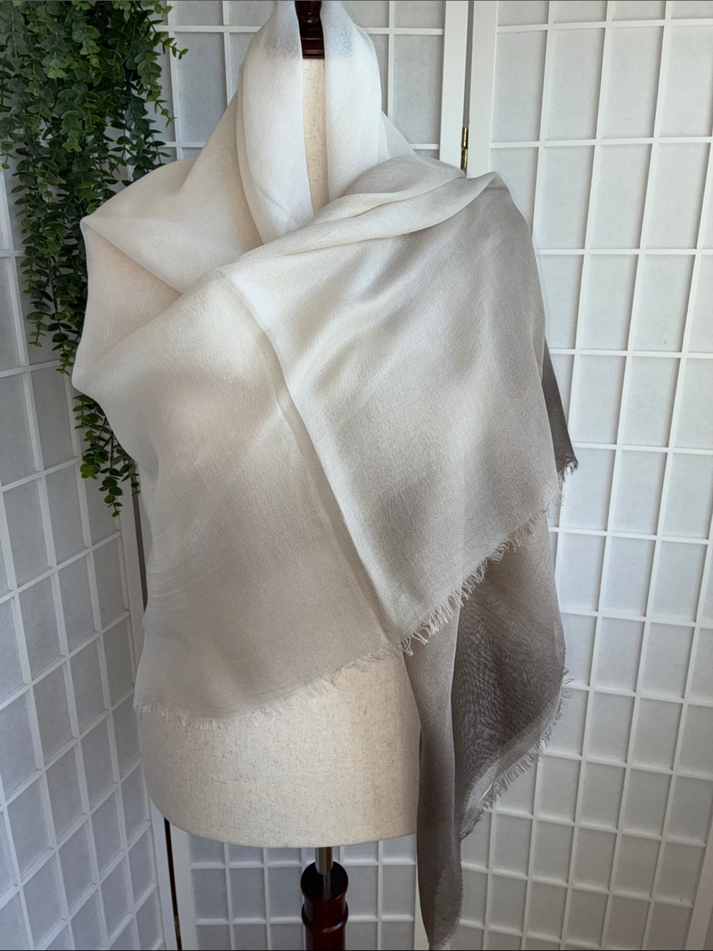 NEW Worth NY Ivory & Taupe Silk Blend gradient dyed Umbra Scarf/Wrap, 56" x 58"